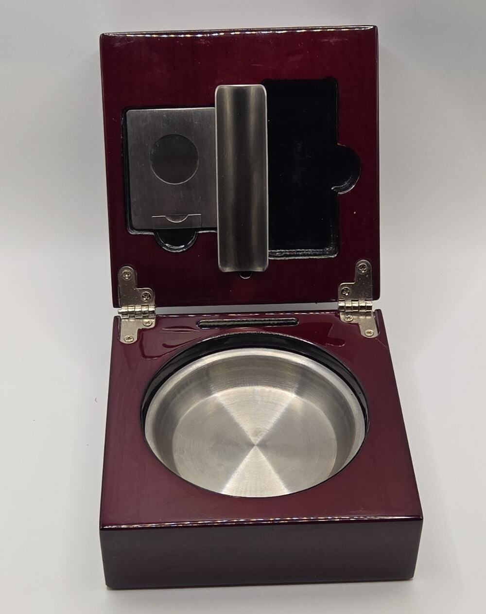 Wood & Metal Folding Cigar Ashtray with Cutter and Holder Set